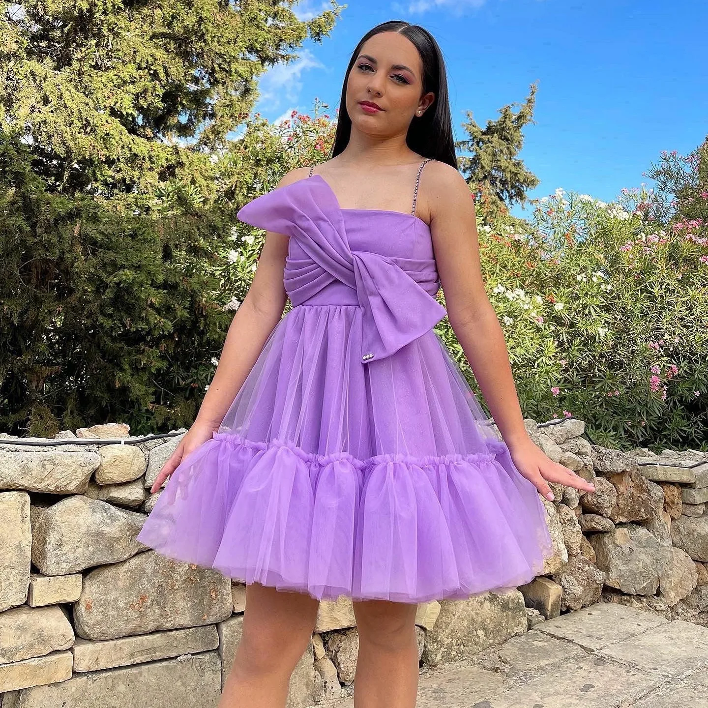 

Sweety Lavender A-line Short Tulle Dresses With Bow Bridesmaid Dresses Women Mini Dresses To Engagement Birthday Party