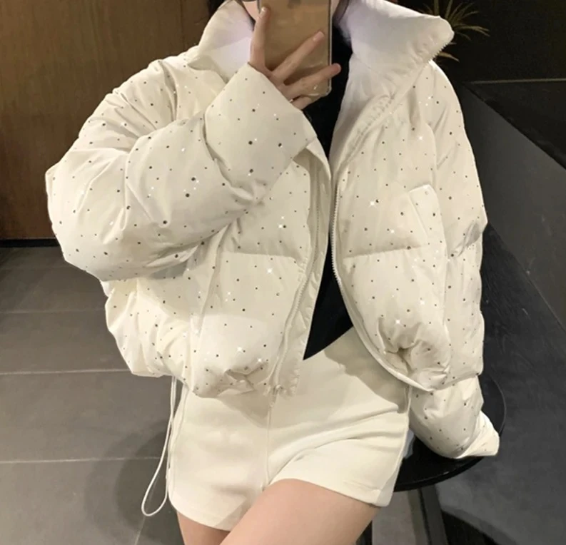 

Women's Thick Warm Cotton Jacket With Rhinestones Winter Casual Stand Collar Zipper Pocket