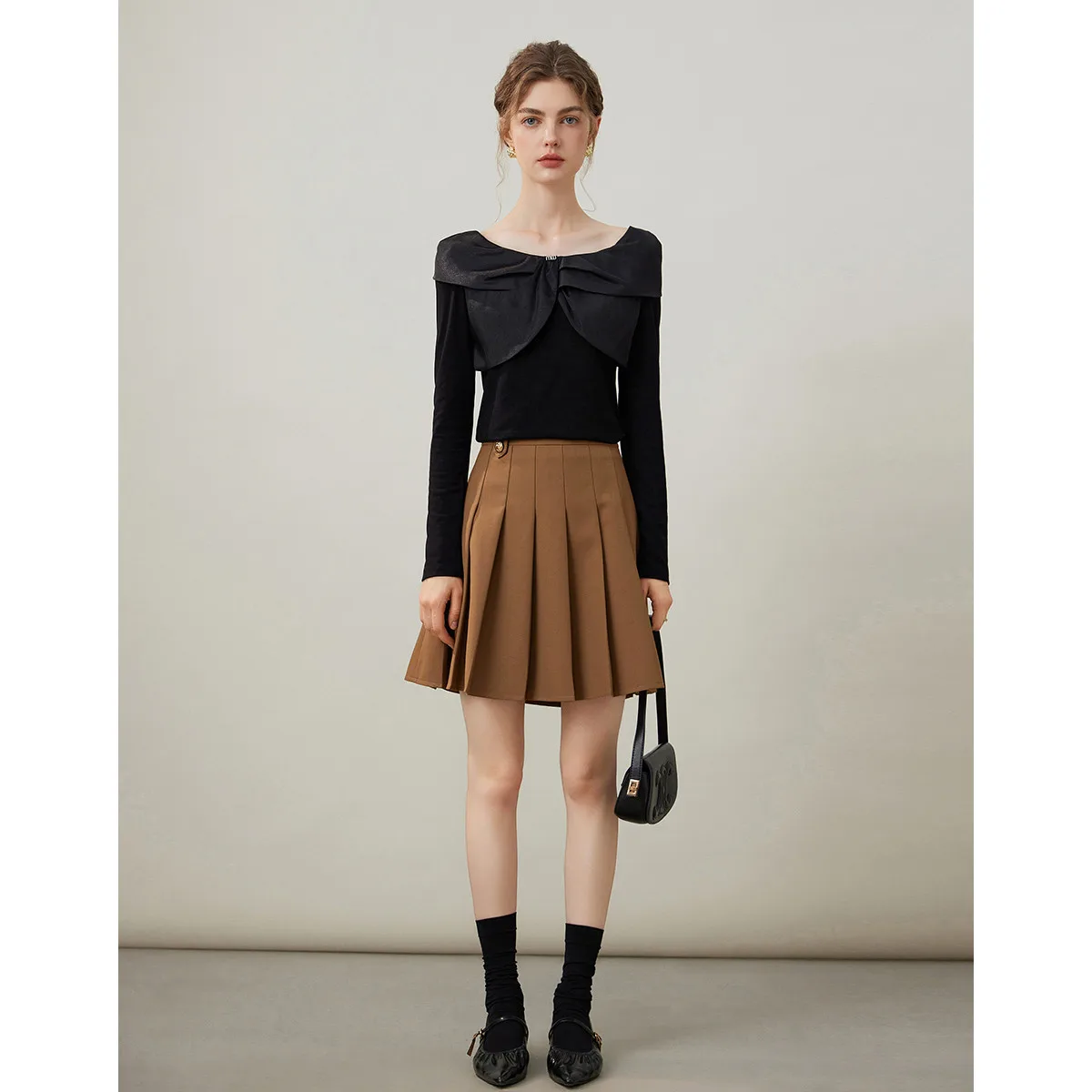 LOUIS YAO New Shawl-collar Round Neck T-shirt 2025 Spring Autumn Pullover Slightly Stretchy Slim-fit Women's  Long Sleeve Tees