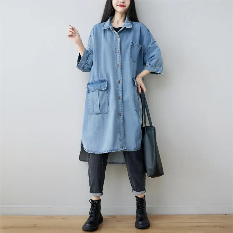 2025 female new summer plus size Washed long denim  outerwear with three quarter sleeves casual loose T-shirt dress