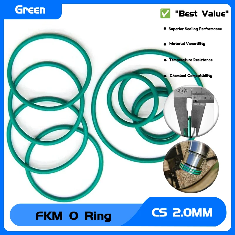 

10/50pcs Green CS 2mm OD 5~100mm FKM O Ring Sealing Gasket Oil Resistant High Temperature Resistance Fluorine Rubber O-Ring