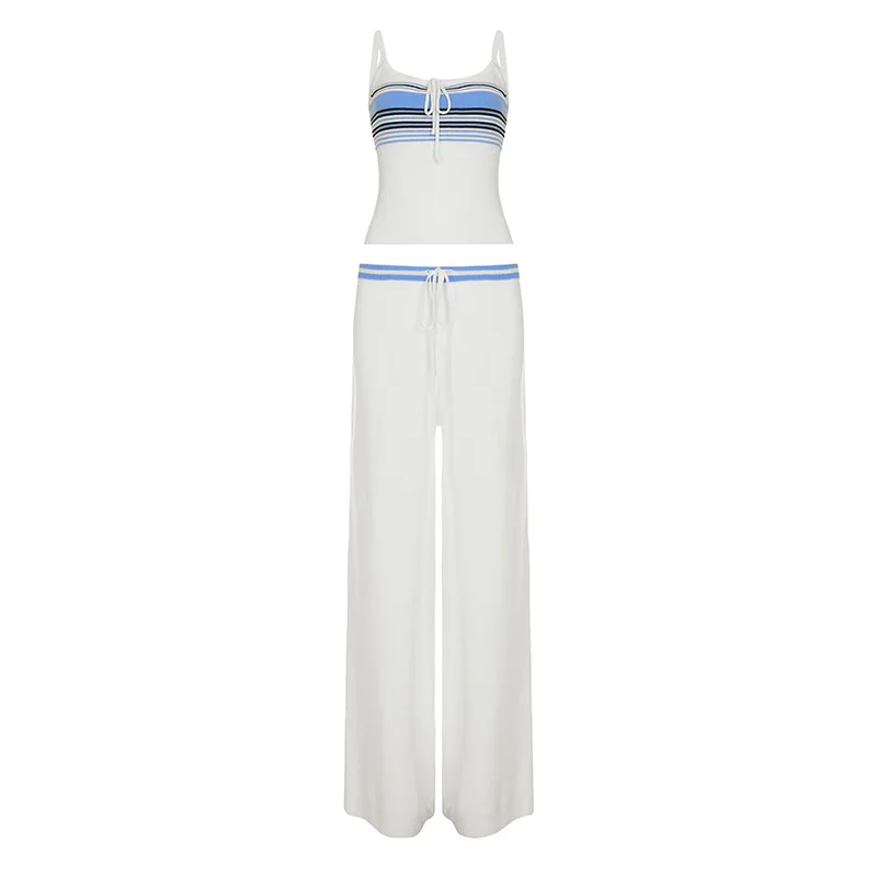 2025 New Spicy Girl Lace Stripe Contrast Strap Low Waist Drawstring Loose Casual Pants Knitted Two Piece Set