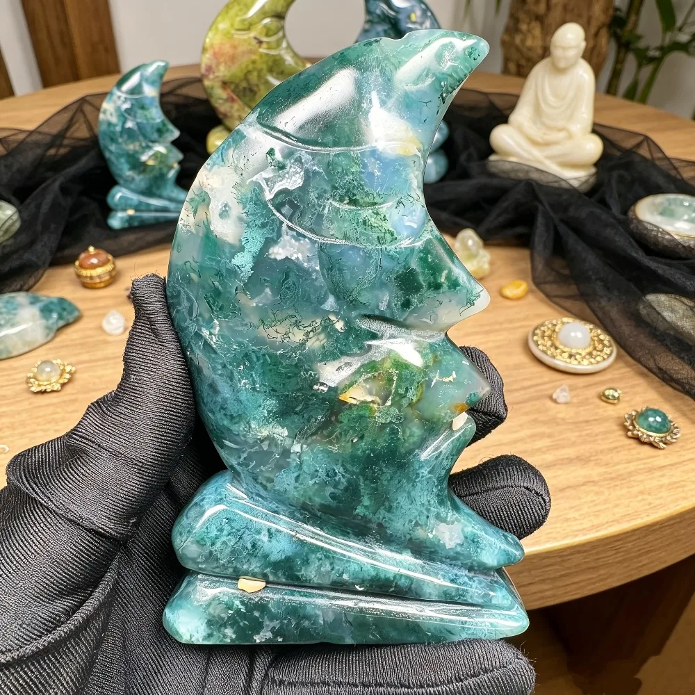 Moss Agate Moon Face Home Decoration Festival Gift Desktop Display Natural Stone Contains Irregular Cracks and Small Chips