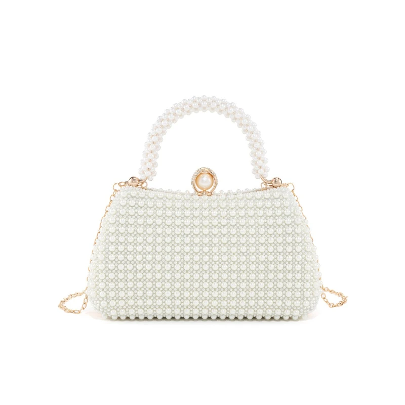 Women Pearl Beaded Evening Clutch Floral Rhinestone Embroidery Hard Shell Handbag White Purse for Wedding Bridal Cocktail Party