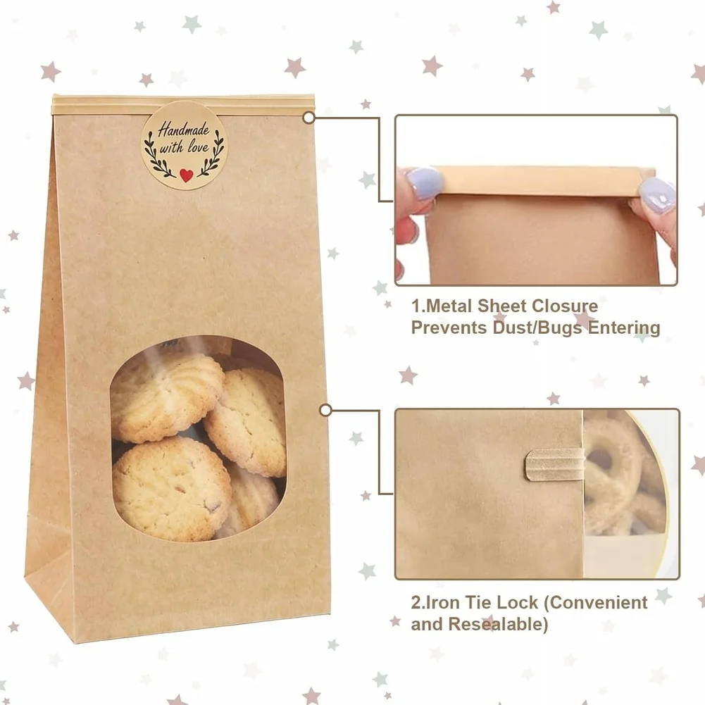 32 Count Paper Bread Bags Featuring Clear Viewing Window and Sturdy Rolled Edges for Home Baking and Food Storage