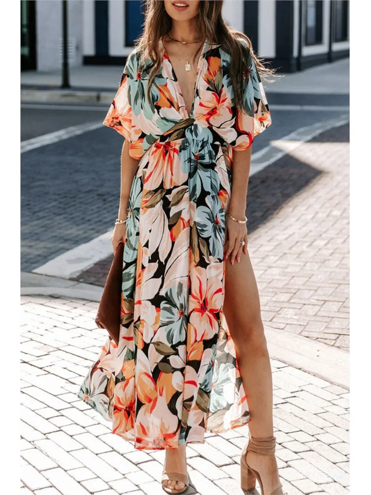 

Summer V-neck Short-sleeved Elegant Maxi Dress Women Fashionable Sexy Slit Bohemia Flower Printing Dress Female