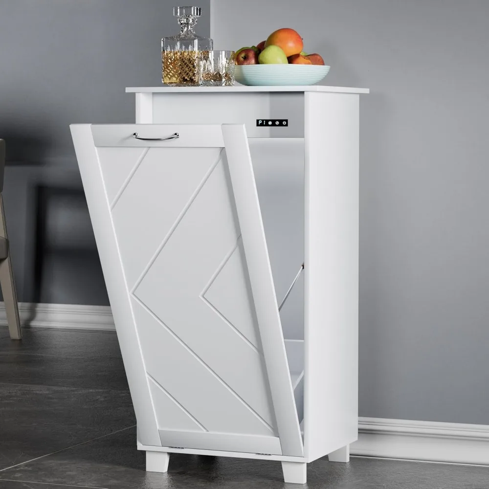 Tilt Out Kitchen Trash Bin Cabinet, Dog Proof Garbage Can with Wood Holder Free Standing Recycling