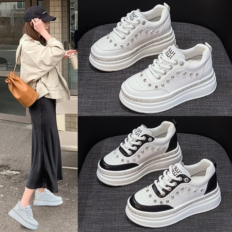 

CLAIAMI Thicksoled Rhinestone Pearl Leather Women Shoes Casual Lace-up Rubber Shoes for Women Luxury Lady Sneakers Zapatos Mujer