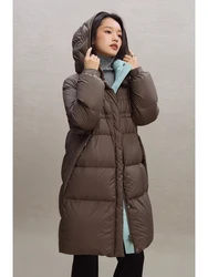 ZIQIAO 209G Filling Amount Women Brown Long Down Coats Winter Thick Warm Blue Brown Contrast Colot Hooded Down Jacket 23ZQ94032