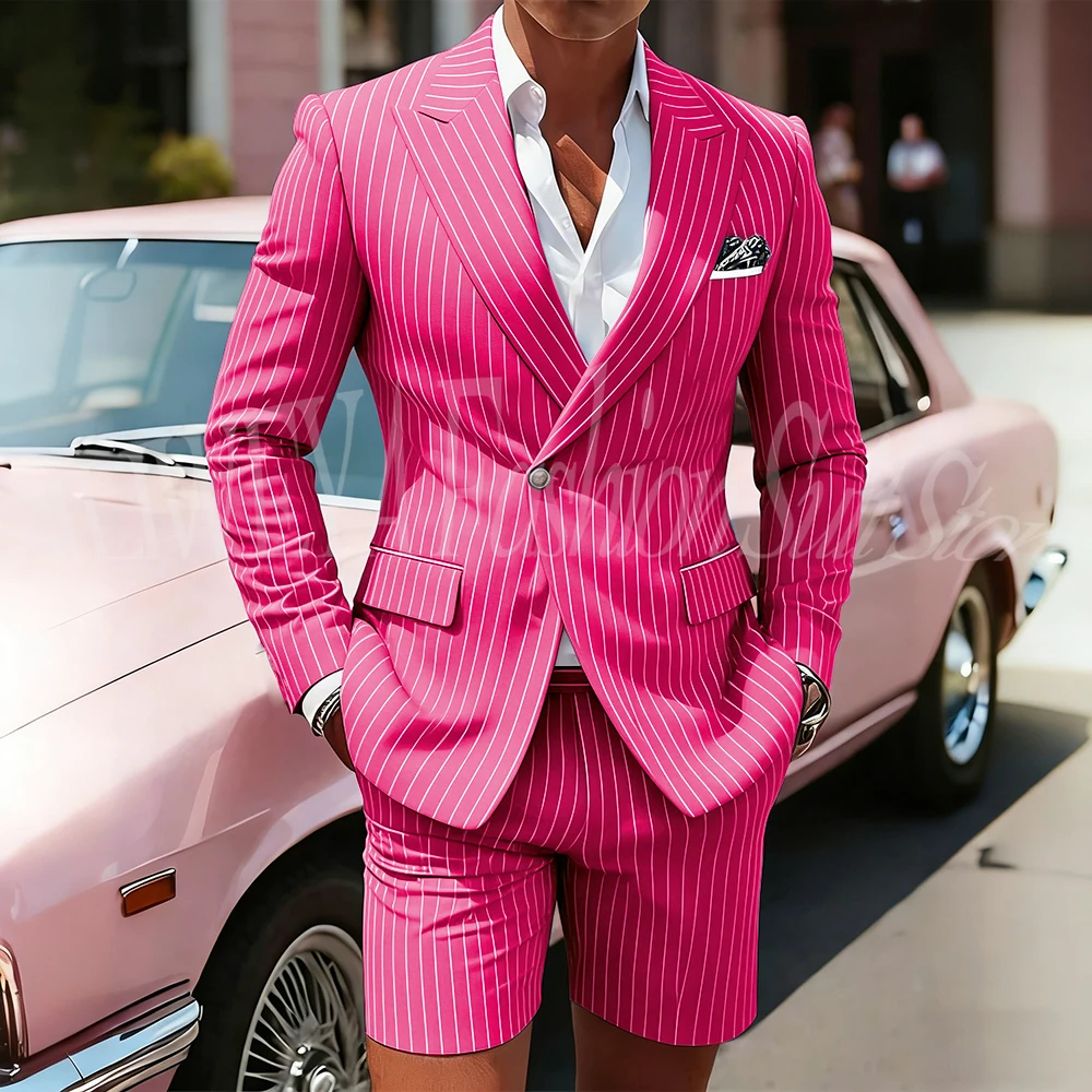 Heren Roze Gestreept Piek Revers Single Breasted Pak Set Blazers Korte Broek Dagelijks Casual Sportief Pak Voor Bruiloft Banketpakken