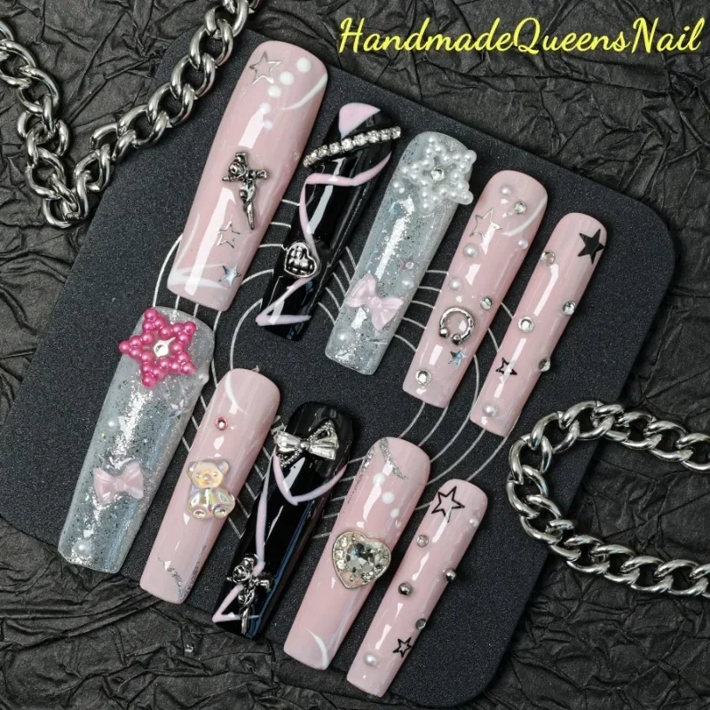 

10 Pieces of Handmade Press-on Nails Metallic Pink Super Long Ballet Nail Art Set Pearl Love Bow Y2k Full Coverage Design