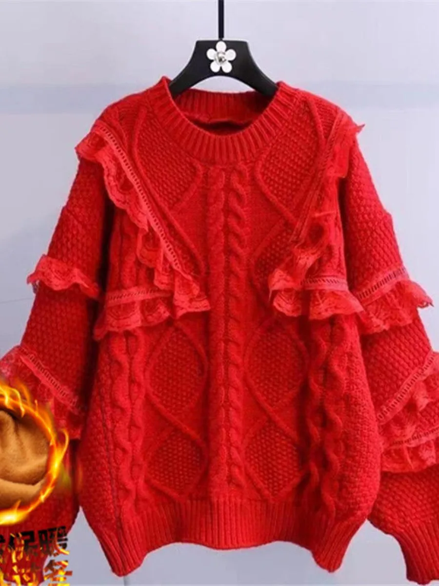 

2025 New Lace Trim Splicing Sweater Women Loose Outerwear Autumn Winter Fleece Lined Thick Twisted Hooded Multi-piece Set