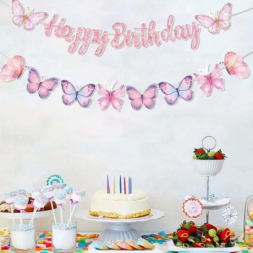Pastellrosa Lila Schmetterling Geburtstags-Wimpelkette, Glitzer-Buchstaben Happy Birthday Girlande für Mädchen-Geburtstagsfeier Innendekoration – Detail 2