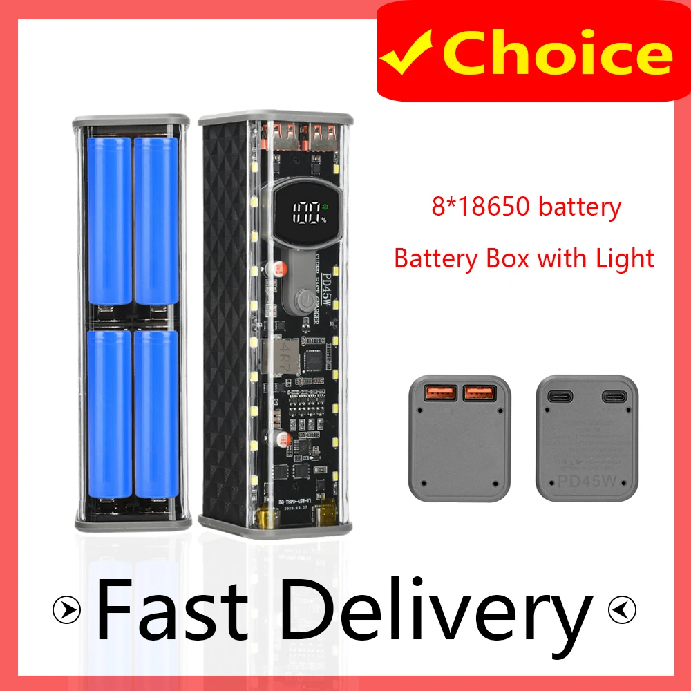 

PD 45W Super Fast Charging Transparent Rechargeable Case Weldless 8pcs 18650 Battery Case With Outdoor Light
