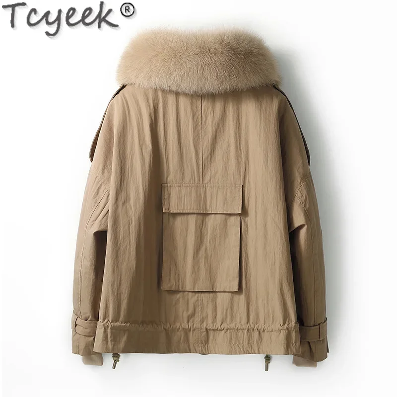 Tcyeek-Parka destacável de coelho Rex feminino, colarinho de pele de raposa quente, jaquetas elegantes, roupas de inverno, 2024