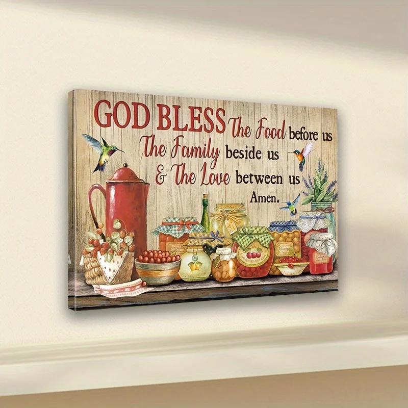 قطعة واحدة من لوحات الحائط القماشية المؤطرة - بارك الله في عائلة الطعام والحب المطبوع الملهم مع الطيور الطنانة، ديكور المطبخ الريفي لـ Di
