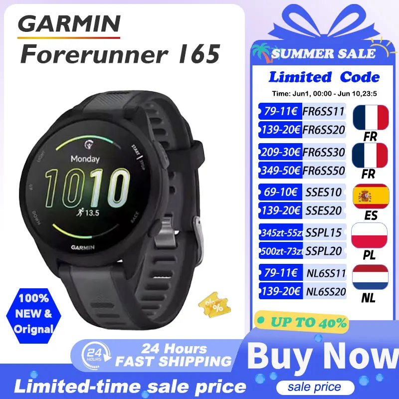 Montre GARMIN Forerunner 165 avec capteur d'oxygène sanguin, suivi du stress, dynamiques de course à pied, fréquence cardiaque et entraînement croisé.