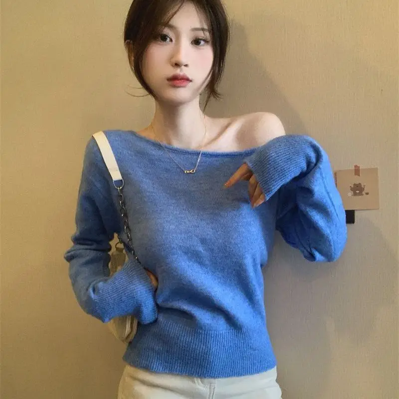 

Autumn Winter Sweaters Women Tops Skew Collar Solid Korean Fashion Short Pullovers Versatile Chic Elegant Pulls Femmes