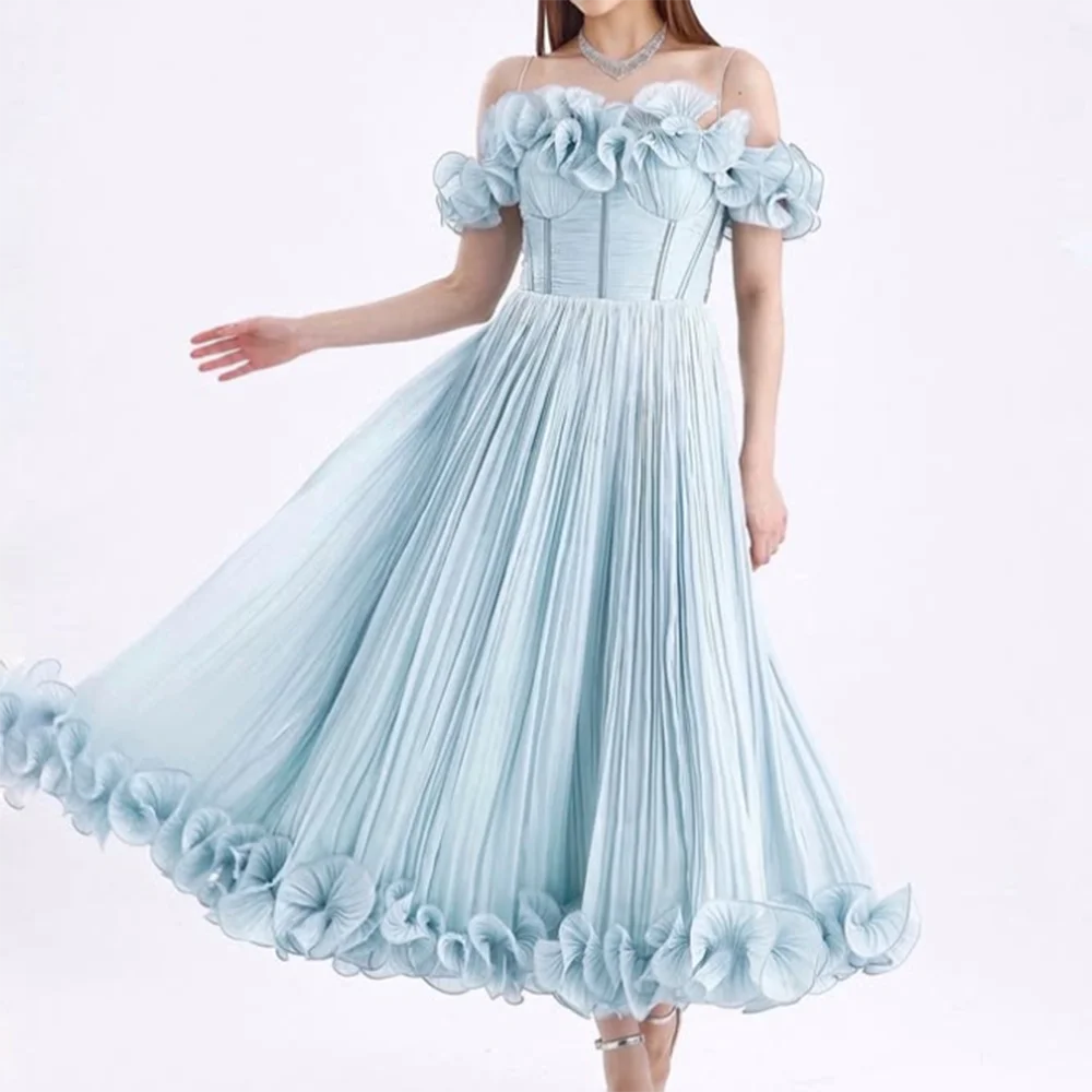 

Customized A-Line Prom Dresses Tea-Length Spaghetti Strap Sleeveless Evening Dresses Simple Draped Fashion Ruffles Sexy Backless