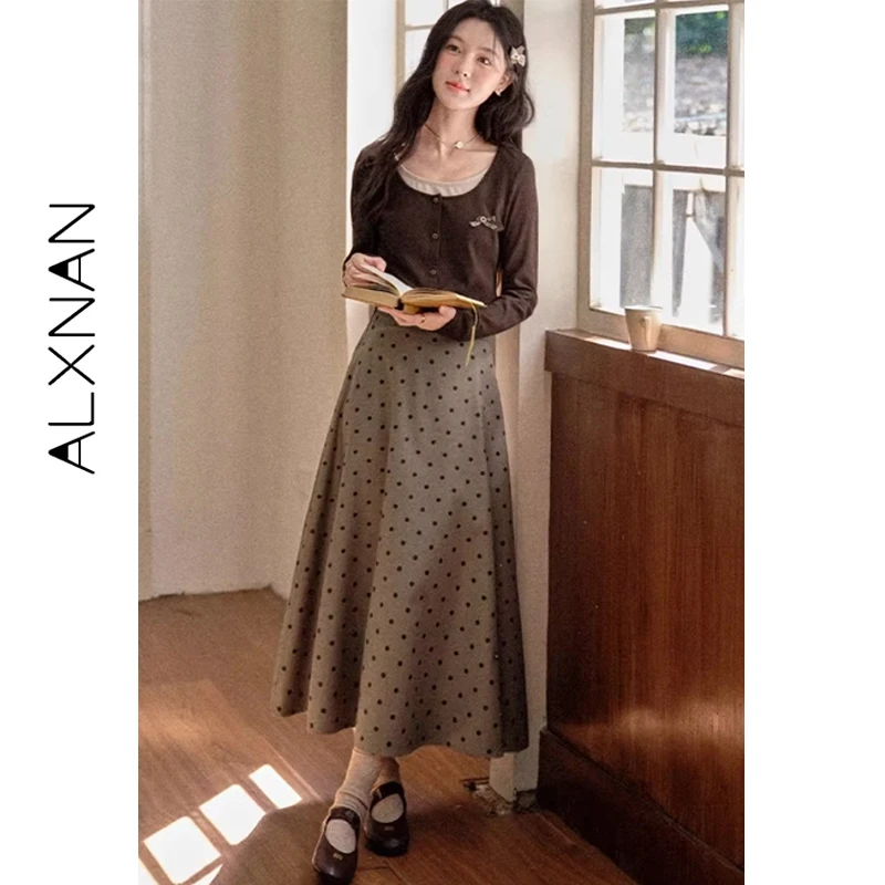 ALXNAN grande taille gris à pois jupe femmes longue a-ligne jupes élégantes coupe ample taille haute décontractée fête femme vêtements D12872