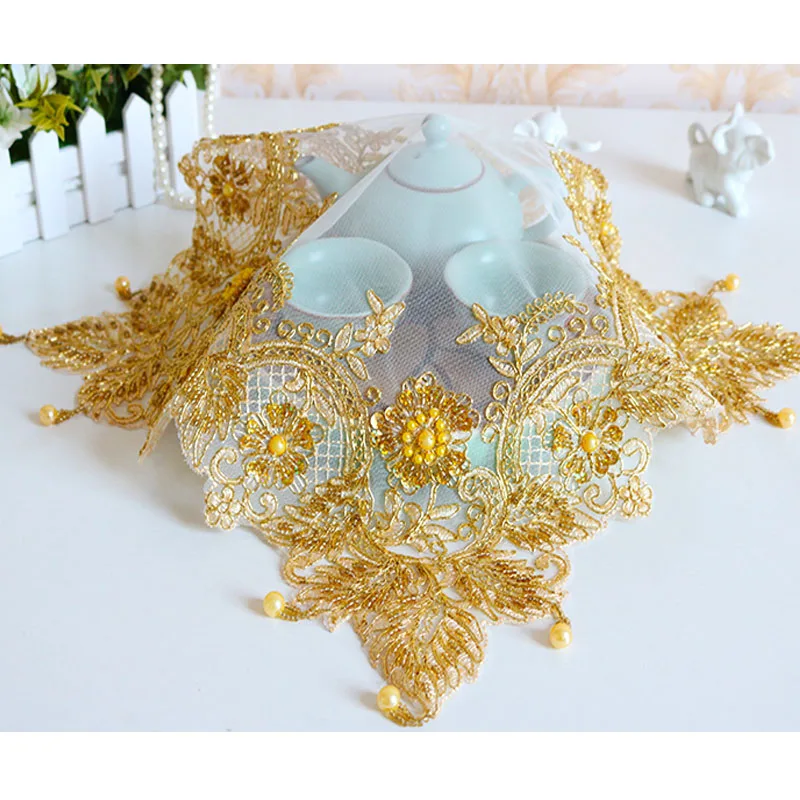 Popular gold beads embroidery table place mat cloth coaster placemat wedding Christmas kitchen Table decoration and accessories