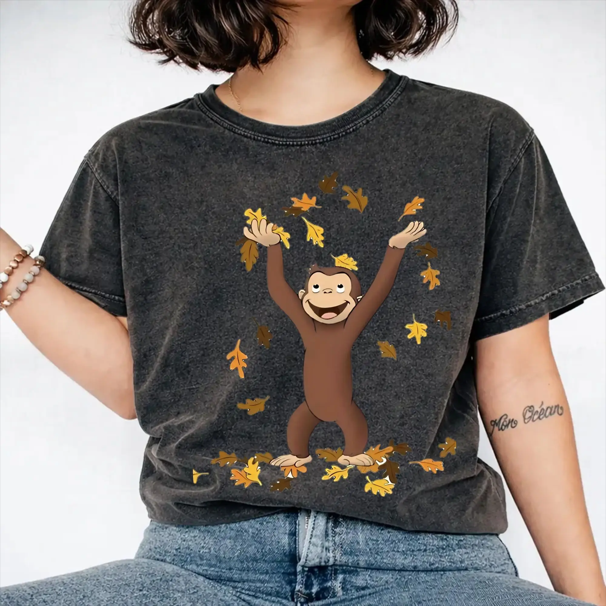 Harajuku Washed Shirts curious george  Outfit Vintage T Shirt Oversize  Streetwear Short Sleeve Graphic Tops Tees