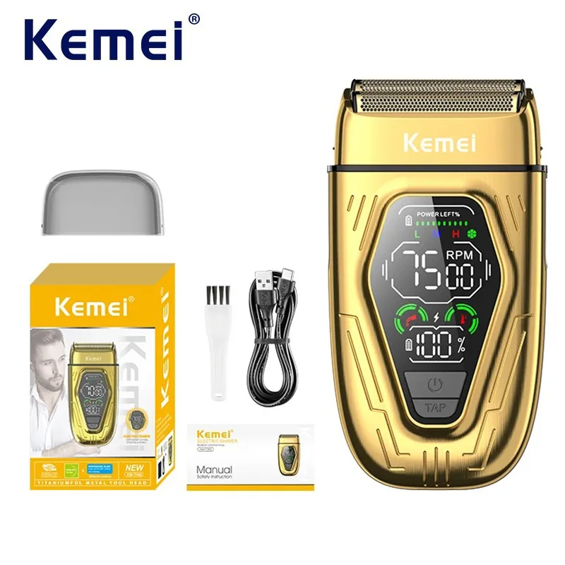 

Kemei Профессиональная парикмахерская бритва с фольгой, мужская беспроводная электрическая бритва с возвратно-поступательным движением и высокоскоростными двойными лезвиями, перезаряжаемая USB-C