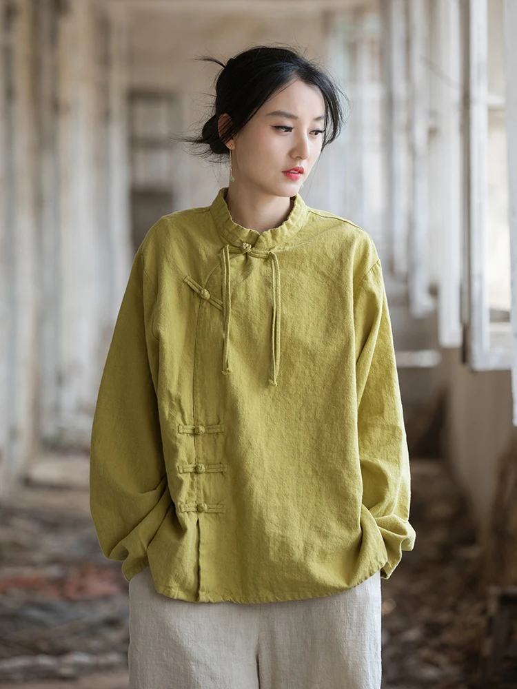 New Chinese Style Long Sleeve T-Shirt Cotton Linen Retro Button up Top Artistic Women's Fashion Commute Wind Universal Fit Lo...