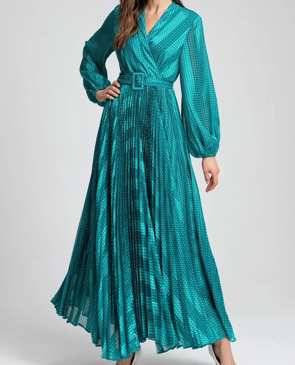 

2025 Summer Retro Style V-neck Lantern Long Sleeve Lace-up Blue Pleated Dress-GZDL084