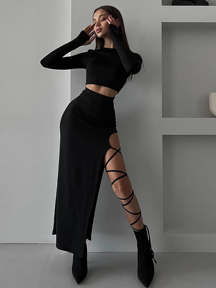 Summer New Fashionable Two Piece Dress Set Long Sleeved Split Skirt Suit For Women Hollow Out Skinny Elegant Women Long Dresses