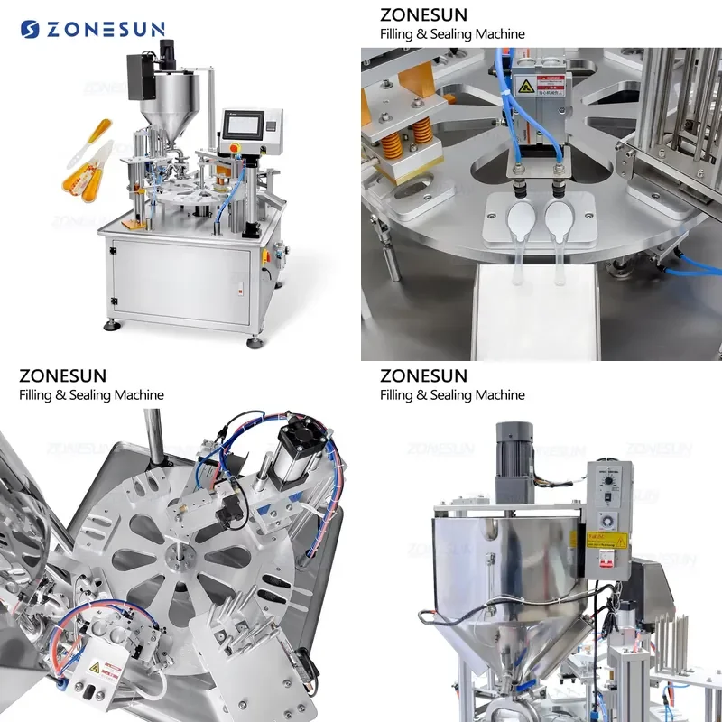 Hot 2026 ZS-FSHS20 Fully Automatic Double Head Paste Rotary Type Plastic Honey Spoon Filling and Sealing Machine