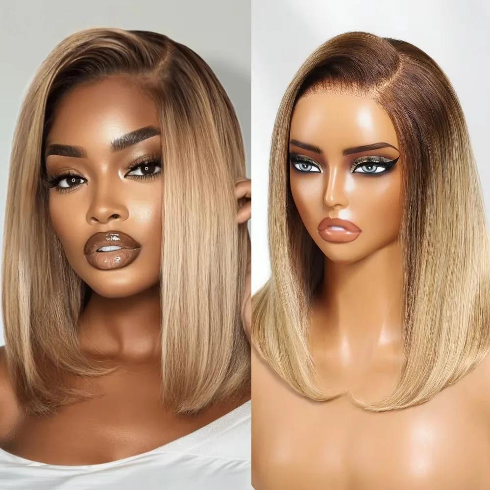 Rosabeauty العسل شقراء تسليط الضوء على بوب شعر مستعار شعر الإنسان مع جذور بنية الجانب جزء مستقيم بوب الباروكات قبل قطع الدانتيل عقدة قبل ابيض