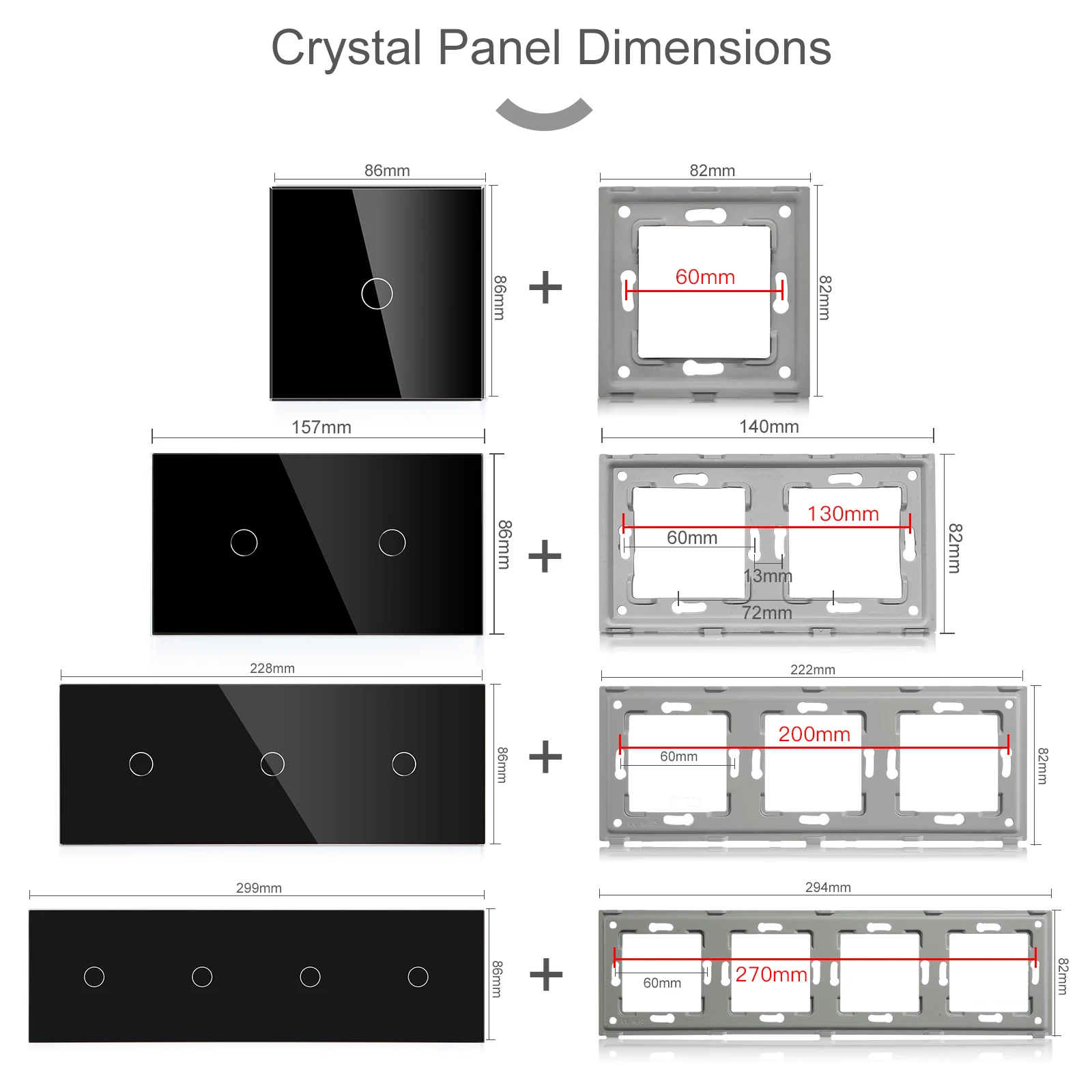 Bseed EU RU Standard Switches Function Base 1/2/3Gang 1/2Way Only Crystal Glass Panel Frames Light Switch Dimmer DIY Part