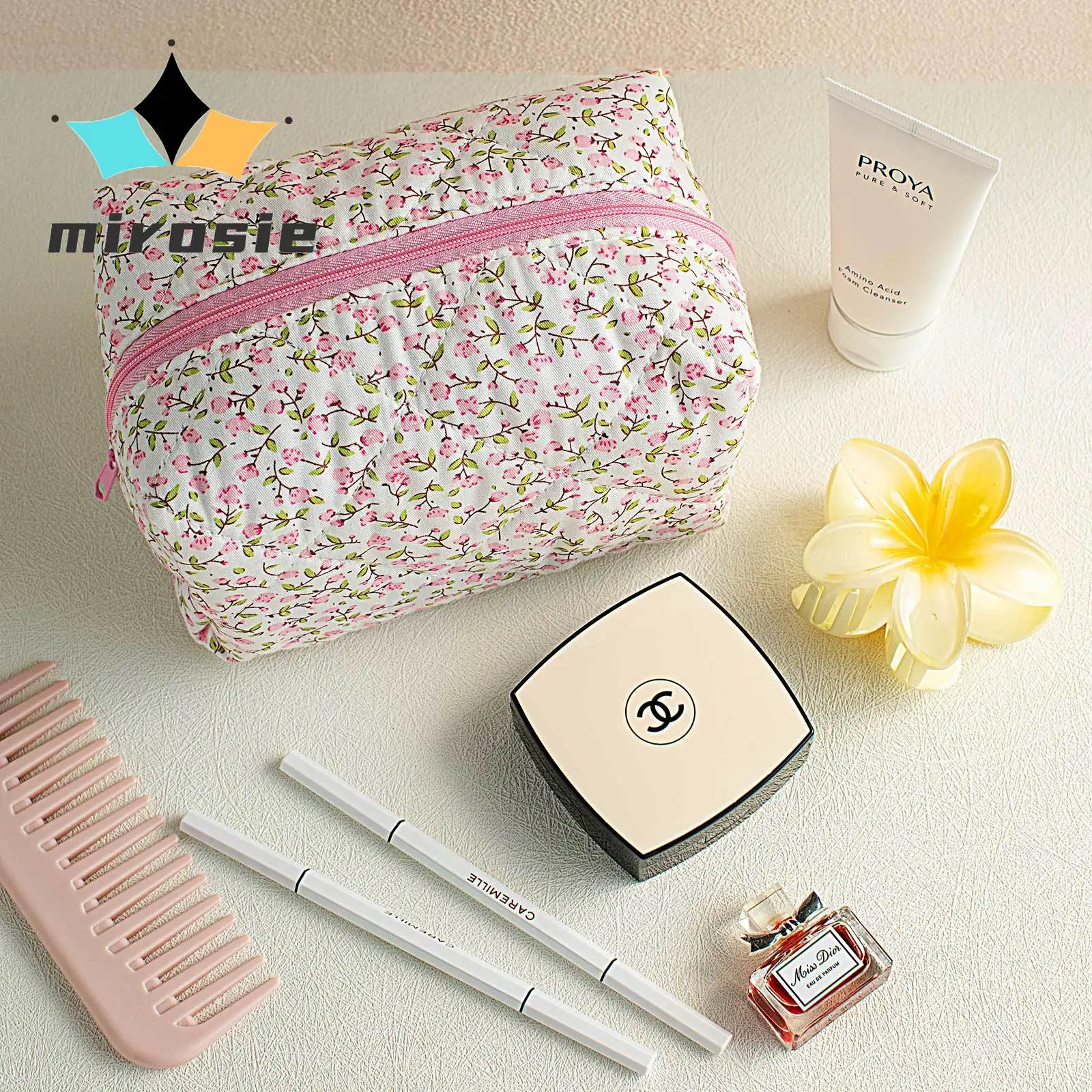 MIROSIE-Pretty Floral Print Makeup Bag with Zipper, Portable Travel Skincare Storage Pouch, Organizers, Cosmetic Bag for Travel