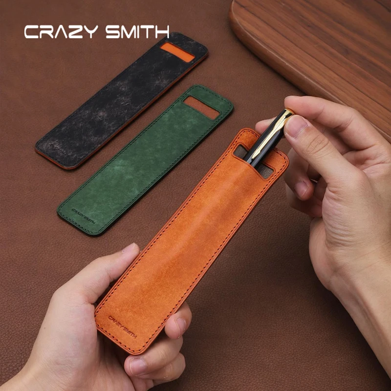 CRAZYSMITH Minimalist Handmade Genuine Leather Pen Sleeve Simple Stylish Pen Bag Pen Case Holder for Fountain Pen Accessories