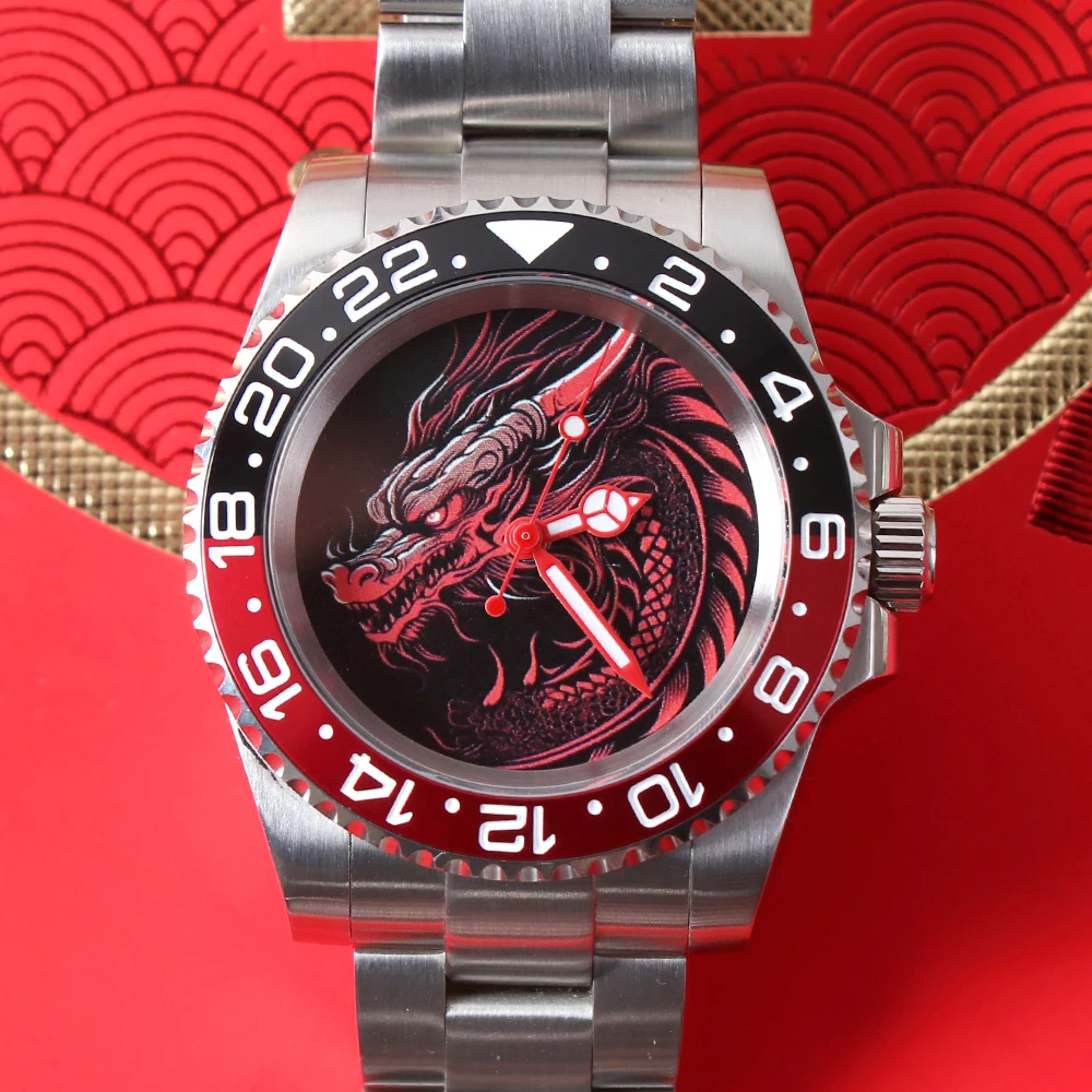 MINUTESECOND NH35 DIY Black Red Dragon Dial NH35 Watch 10BAR Waterproof Sapphire Crystal With Oyster Band Automatic Mens Watch