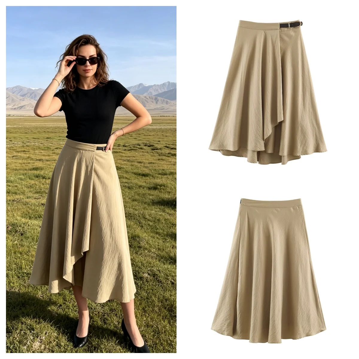Guobioziy Women's Midi Skirt 2026 Early Autumn New Arrival - Fashionable Irregular Hem with Buckle Detail Midi Cloak Skirt