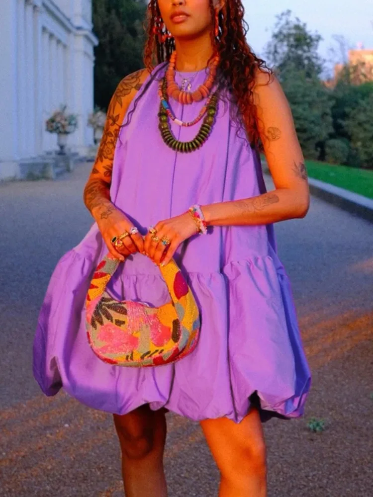 Yeezzi feminino roxo sem mangas em camadas plissado mini vestido 2025 moda boho casual solto balanço vestido de festa de verão vestido linha a