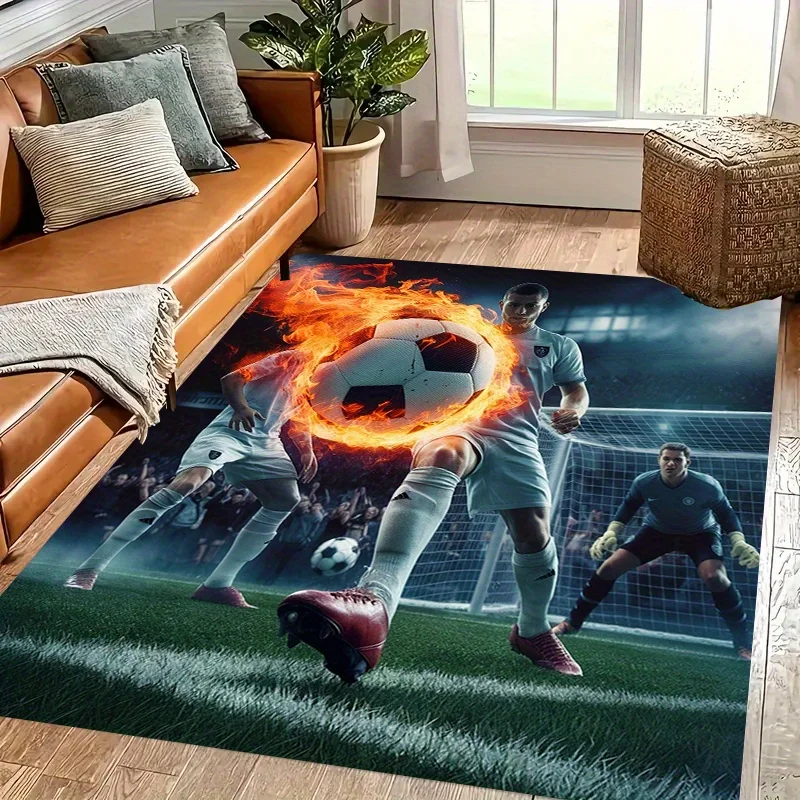 Soccer Football Player Action Print Flannel Rug Sports Theme Living Room Carpet Kids Room Decor Soft Fleece Floor Mat Indoor