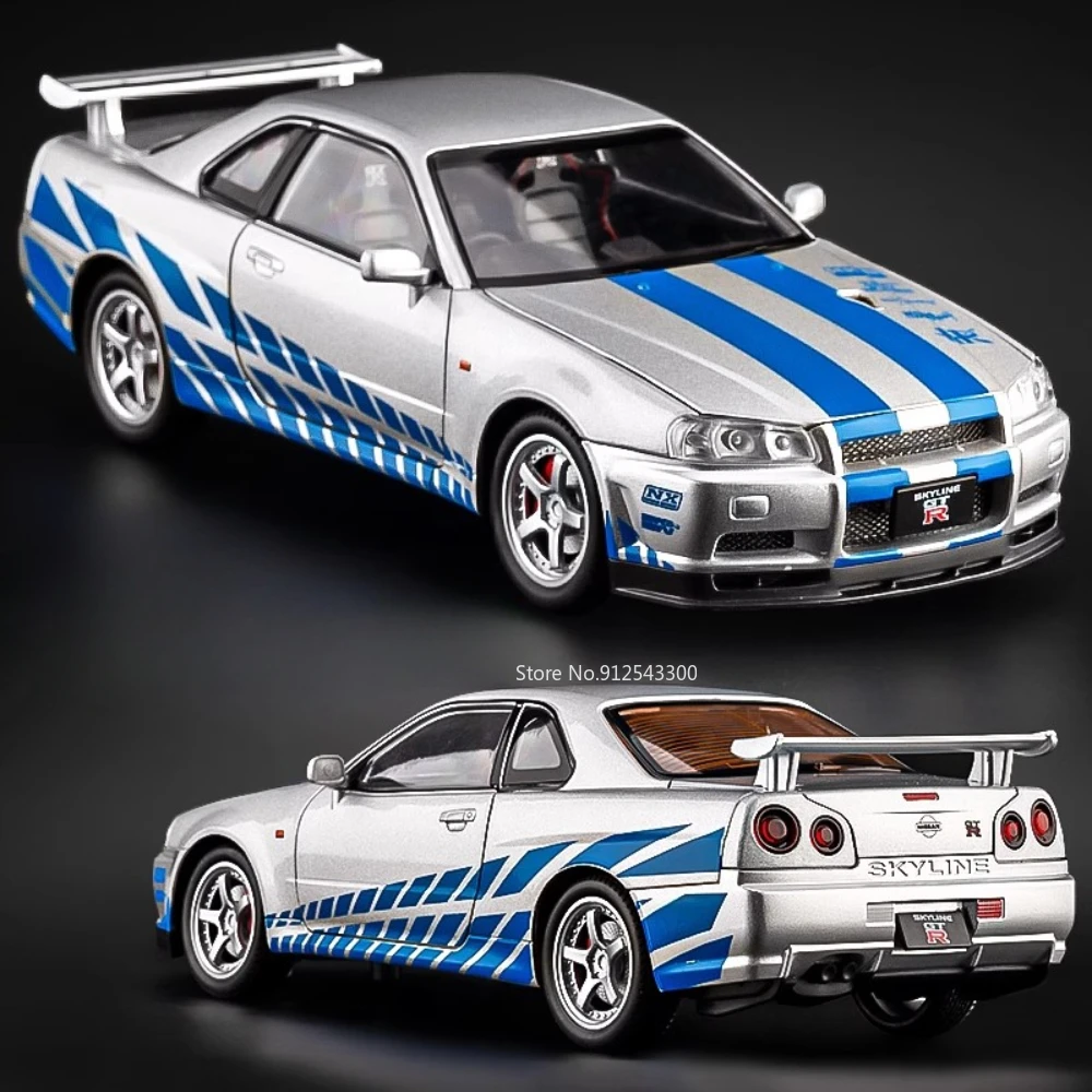 Scala 1:24 Nissan GTR-R34 Modello di auto da strada Giocattolo Diecast Porte in metallo Aperto Suono Luce Sospensione Sterzo Veicolo Regali per i bambini