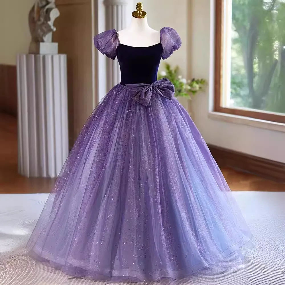 

Purple Bling Sparking Prom Dress 2024 Short Sleeves Evening Party Gown for Women Black Top Lace Up Purple vestidos de noche