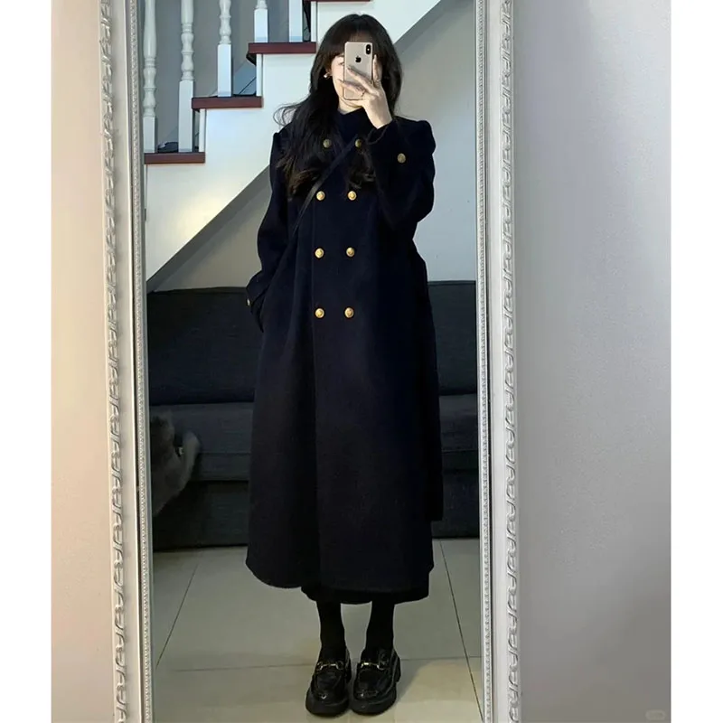 

Осень-зима 2022, женское корейское шерстяное пальто с воротником-стойкой, длинная свободная двубортная шерстяная куртка на шнуровке, женская