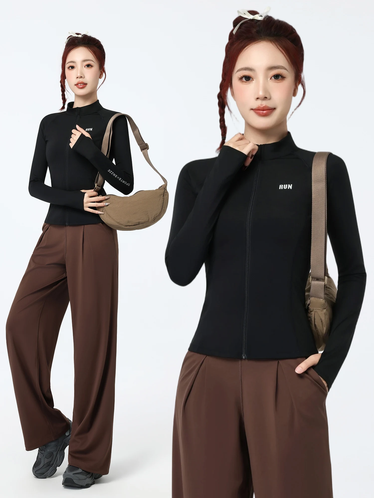 

Женский спортивный костюм для бега: свободный крой, молния, длинные рукава, брюки с высокой талией, быстросохнущие, для осени и зимы...