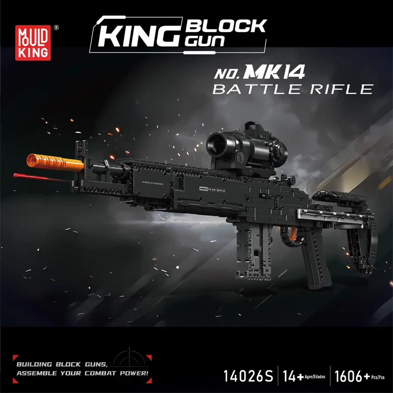 Mold KING 14026 Set mainan pistol simulasi senapan tempur MK14 blok bangunan militer senjata bata bongkar pasang untuk hadiah anak-anak