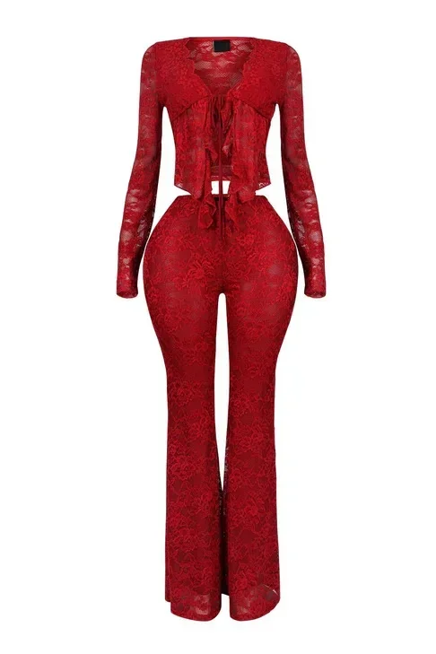 BWQ 2026 Women's Set Long Sleeve Lace See Through Shirt + Long Pants Street Evening Sexy Two 2Piece Sets Outfits Tracksuit