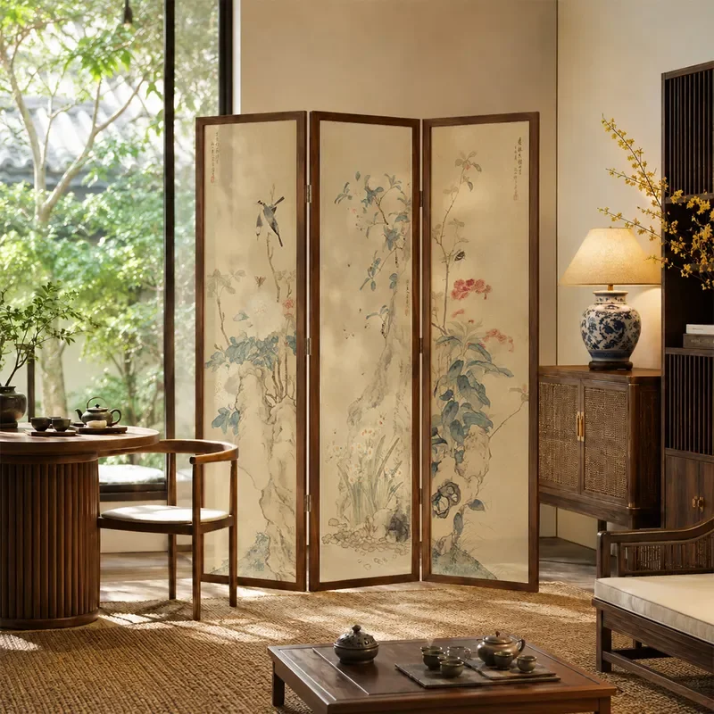 for Song Style Flower and Bird Solid Wood Folding Screen Partition Mobile Room Divider for Living Room Bedroom Study
