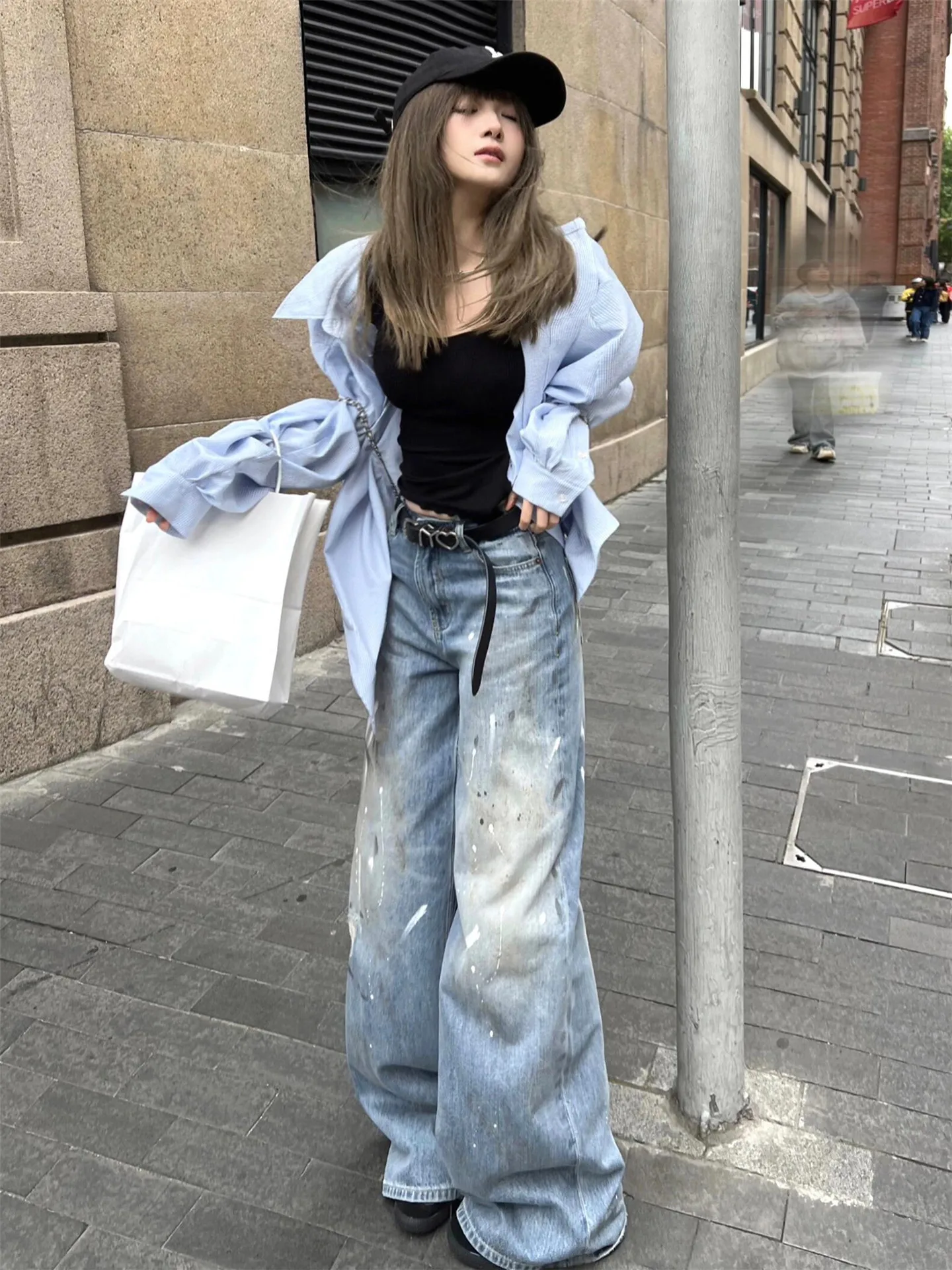 Street Style Oversized Loose Straight Leg Ink Splashed Denim Jeans Women's Summer Long Slimming Design Wide Leg Pants