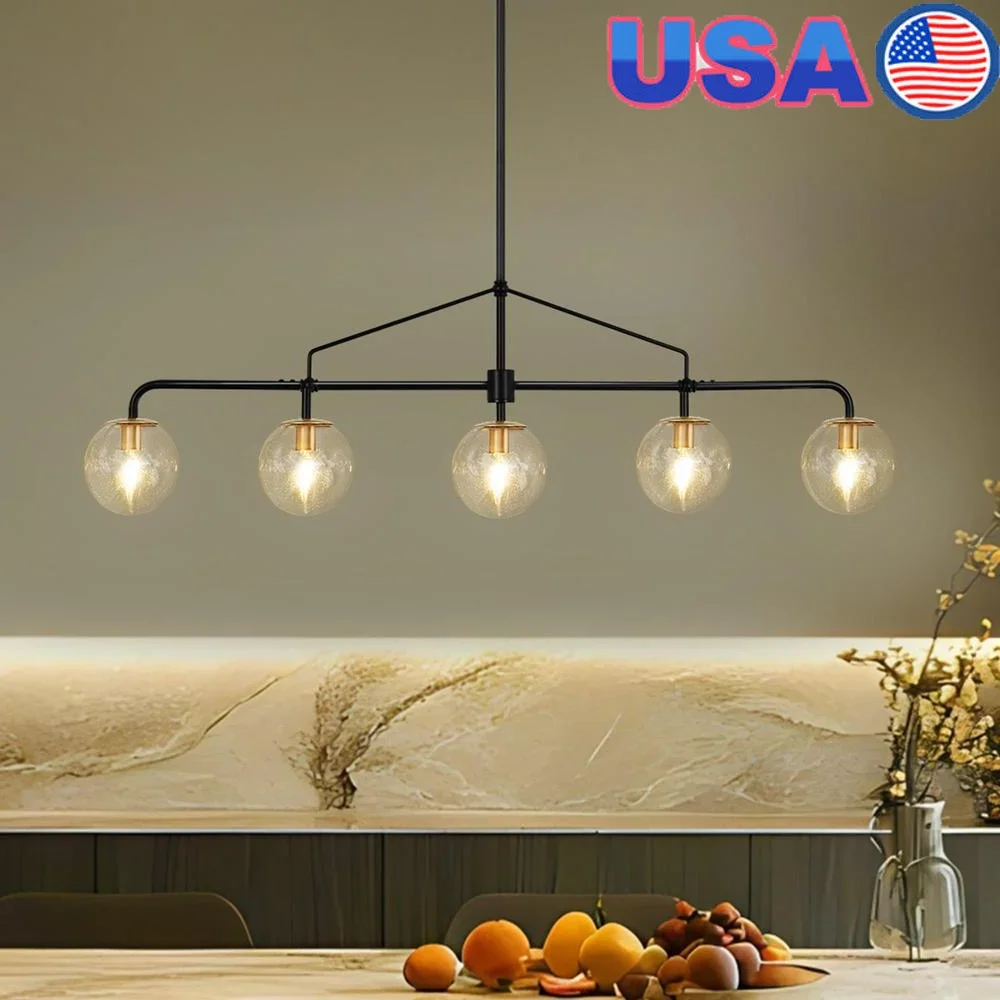 Modern Linear Chandelier 5-Light Kitchen Island Fixture Black Gold Glass Globe Seeded Shade Adjustable Height Dining Room