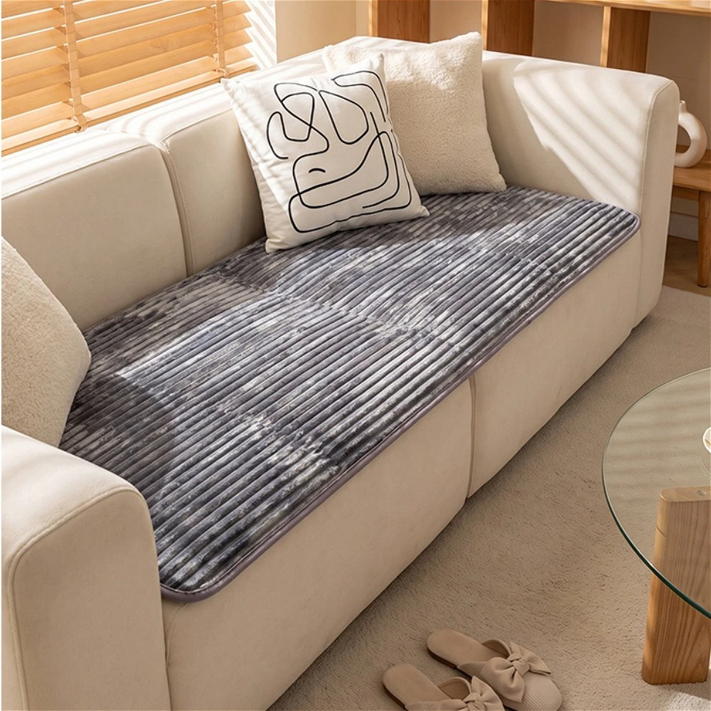 1PC Thicken Quilting Warm Stripe Flannel Sofa Cushion for Winter Living Room Non-Slip Car Seat Pad Multiuse Sofa Cover Slipcover