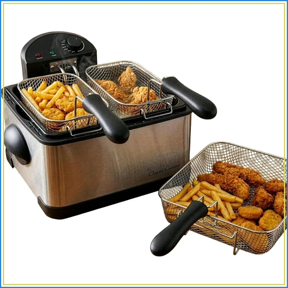 

4L Electric Deep Fryer with 3 Baskets, Cool Touch, See-Through Lid, Double Odor Filter
